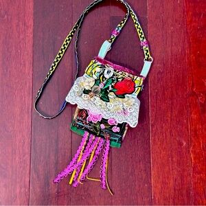 Handmade Boho Fabric Wallet Necklace Beaded Fringe One of a Kind Artisan Signed